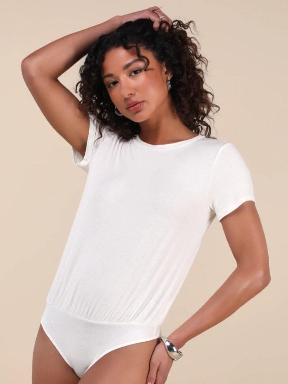 LULUS WHITE CREW NECK SHORT SLEEVE BODYSUIT SIZE MEDIUM STYLE # B2099